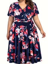 Load image into Gallery viewer, Plus Size Floral Print Cinched Waist Dress, Elegant Short Sleeve Dress For Spring &amp; Summer, Women&#39;s Plus Size Clothing
