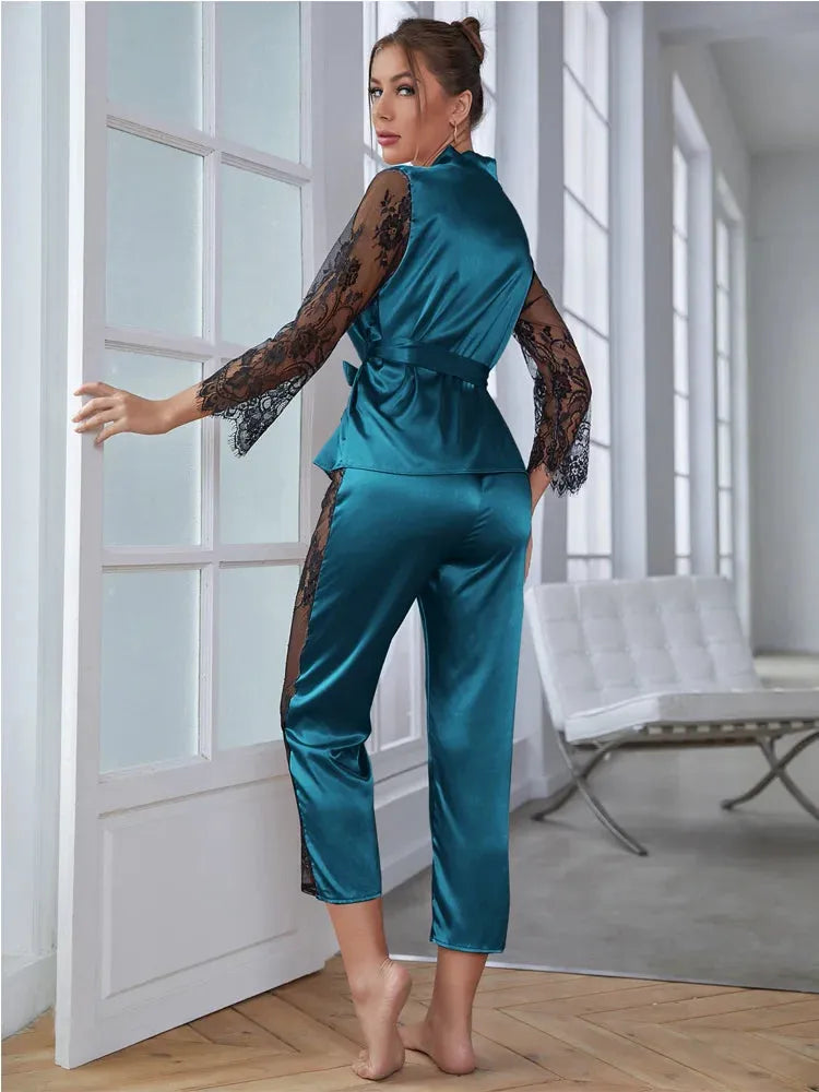 Women's Satin Pajamas Set Gorgeous Sleeve Top with Pant Contrast Lace Lounge Wear - Shop & Buy