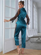 Load image into Gallery viewer, Women&#39;s Satin Pajamas Set Gorgeous Sleeve Top with Pant Contrast Lace Lounge Wear
