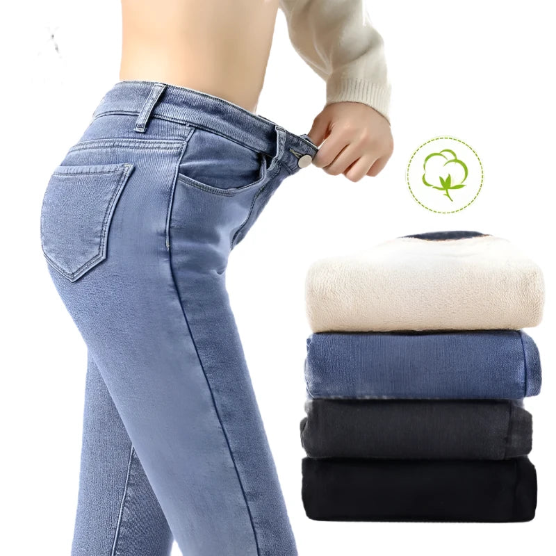 Winter Thick Velvet Women High Waist Skinny Jeans Simple Fleece Warm Slim Fit Stretch Ladies Casual Denim Pencil Pants