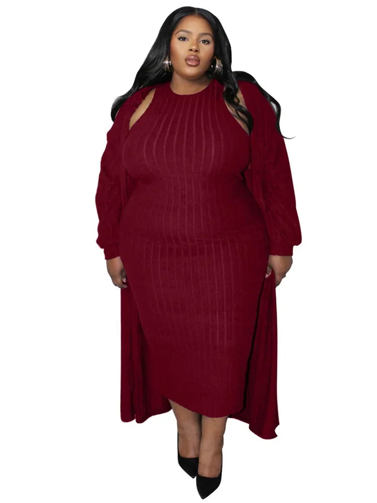 Plus Size Dress Sets 2 Piece Outfits  Maxi Dresses Out Wear Coat Cloak Sexy Matching Suit Fall