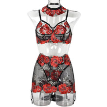 Load image into Gallery viewer, New Floral Embroidery Sexy Straps Short Skirt Underwear Erotic Four-piece Set
