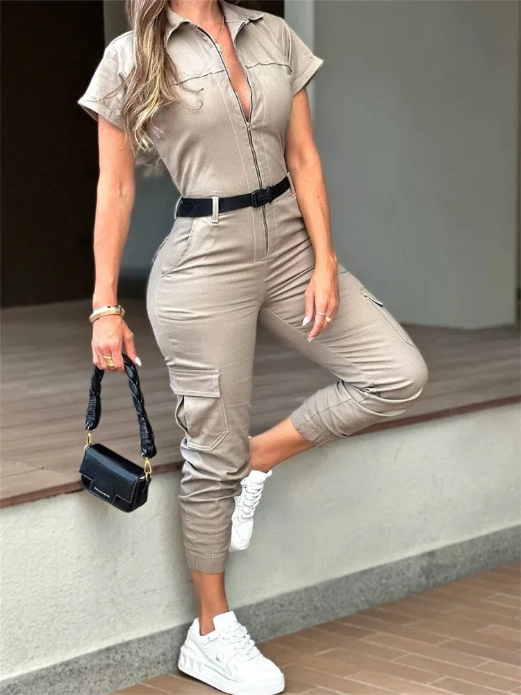 New Zipper Workwear Jumpsuit with Short Sleeved Collar Multiple Pockets Waist Belt