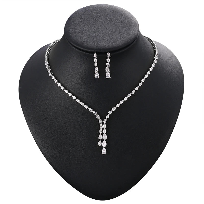 High Quality Teardrop Cubic Zirconia CZ Necklace and Earring Elegant Wedding Bridal Jewelry Set