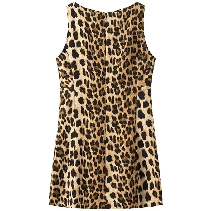 Mini Leopard Print Dresses Women's Summer Sundresses Ladies O-Neck Sleeveless Short Dress