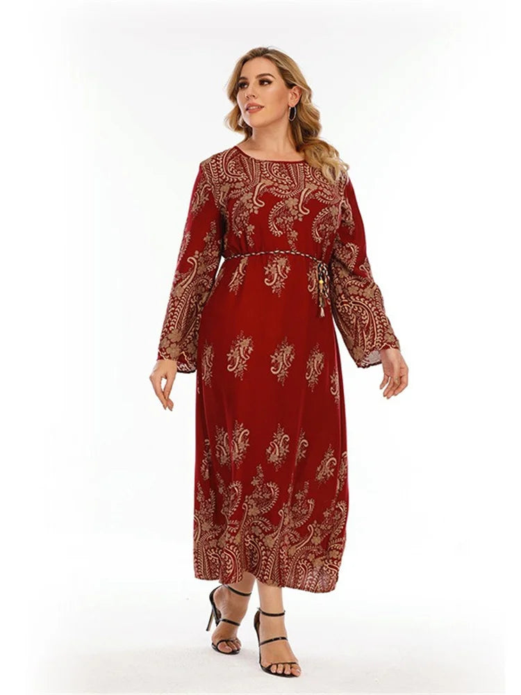 Plus Size Dresses for Women O Neck Elegant Lady Print Loose Casual Long Sleeve Fall Maxi Dress