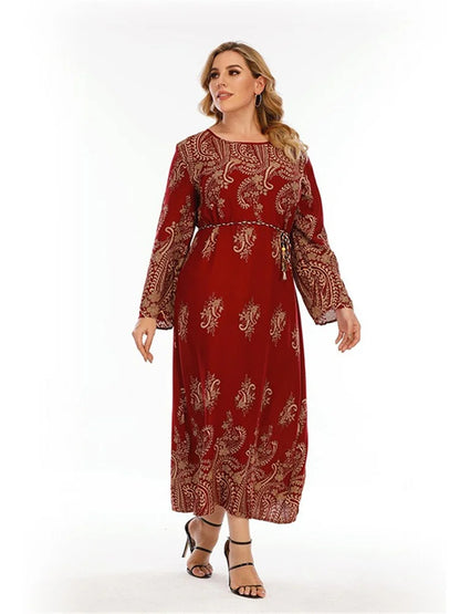 Plus Size Dresses for Women O Neck Elegant Lady Print Loose Casual Long Sleeve Fall Maxi Dress