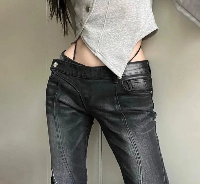 Vintage Distressed Low Waist Jeans Grunge Asymmetrical Waist Denim Pant Fashion Black Flare Jeans