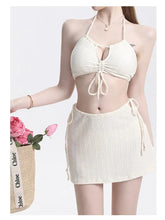 Load image into Gallery viewer, Fashion Sexy Ribbed Halter Bikinis Set Three Pieces Sets Drawstring Tie Swimsuit with Mini Skirt
