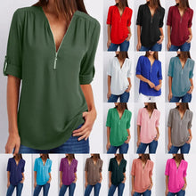 Load image into Gallery viewer, Women Cool Loose Shirt Deep V Neck Chiffon Blouse Casual Ladies Tops Sexy Zipper Pullover Plus Size Long Sleeve Fashion
