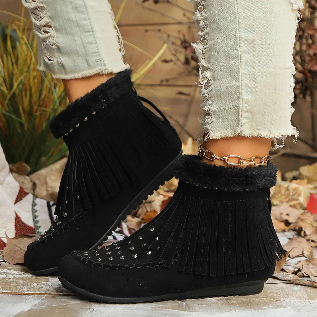 Womens Tassels Decor Ankle Boots Winter Comfortable Warm Plush Snow Boots Women Flat Heels Rivet Western Cowboy Boots