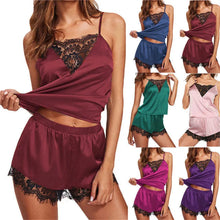 Load image into Gallery viewer, Women Pajamas Set Satin Lace Sleepwear Lingerie Ladies Elastic Suspender Shorts Nightwear Suits
