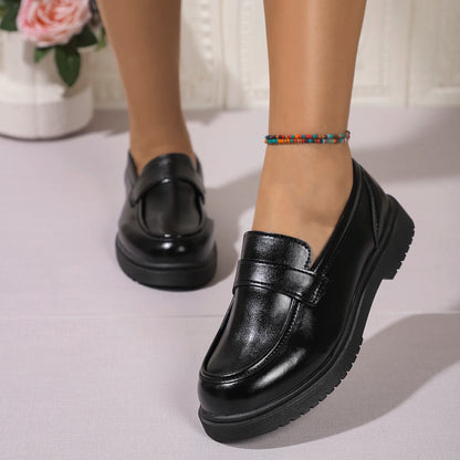 Solid Color PU Leather Flat Loafers Women Comfortable Soft Sole Slip On Shoes Woman Lightweight Casual Shallow Mouth Black Flats