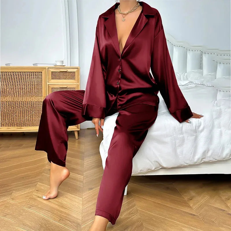 Women's Satin Silk Sleepwear Low Cut Sexy Home Clothes Pajamas For Femme Single-Breasted Long Sleeves - Shop & Buy