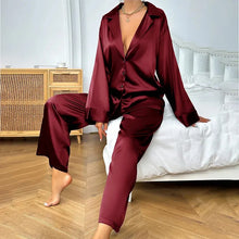 Load image into Gallery viewer, Women&#39;s Satin Silk Sleepwear Low Cut Sexy Home Clothes Pajamas For Femme Single-Breasted Long Sleeves
