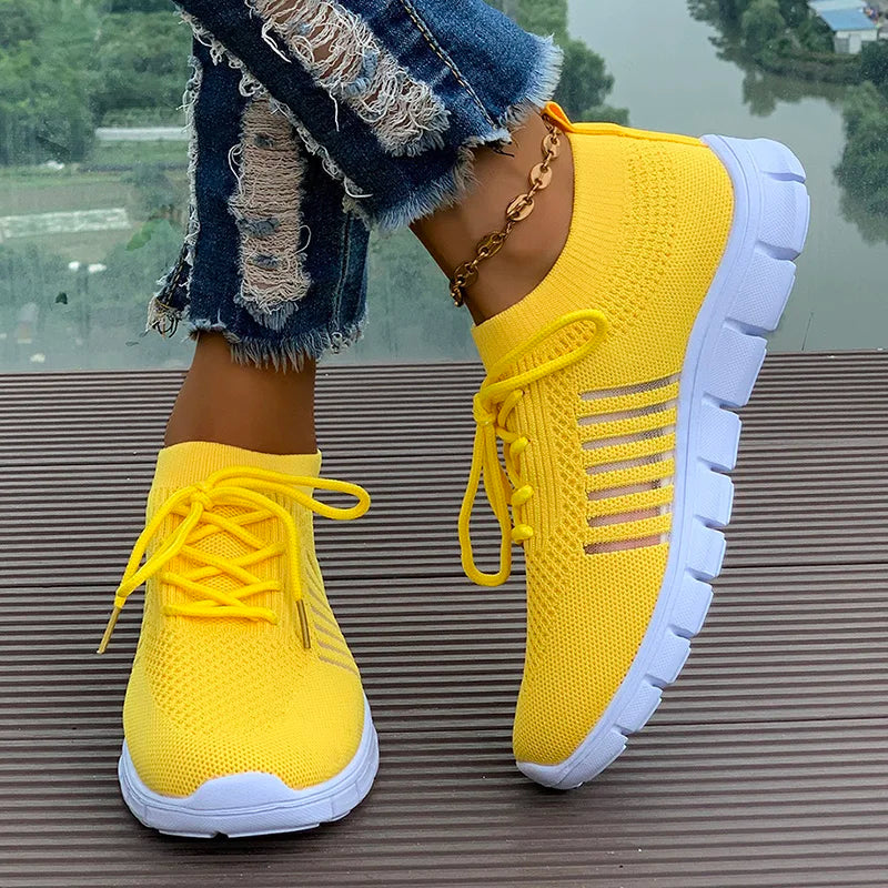 Women's Solid Color Knitted Casual Sneakers Lightweight Soft Sole Walking Shoes Woman Mesh Breathable Running Trainers Plus Size