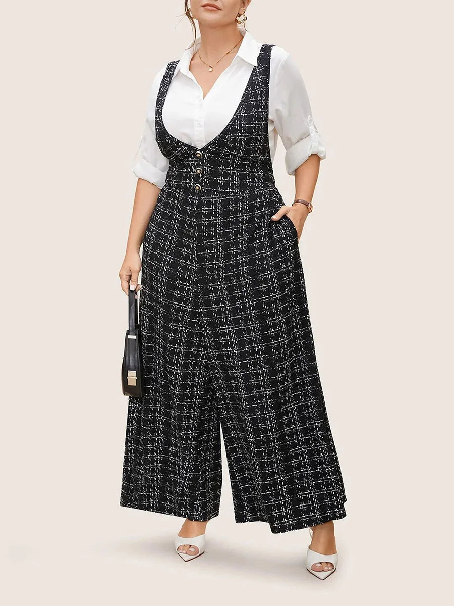 Women Plaid Plus Size Jumpsuit with Spaghetti Straps and Belted Waist Casual Wide Leg Overalls with Pockets and Buttons