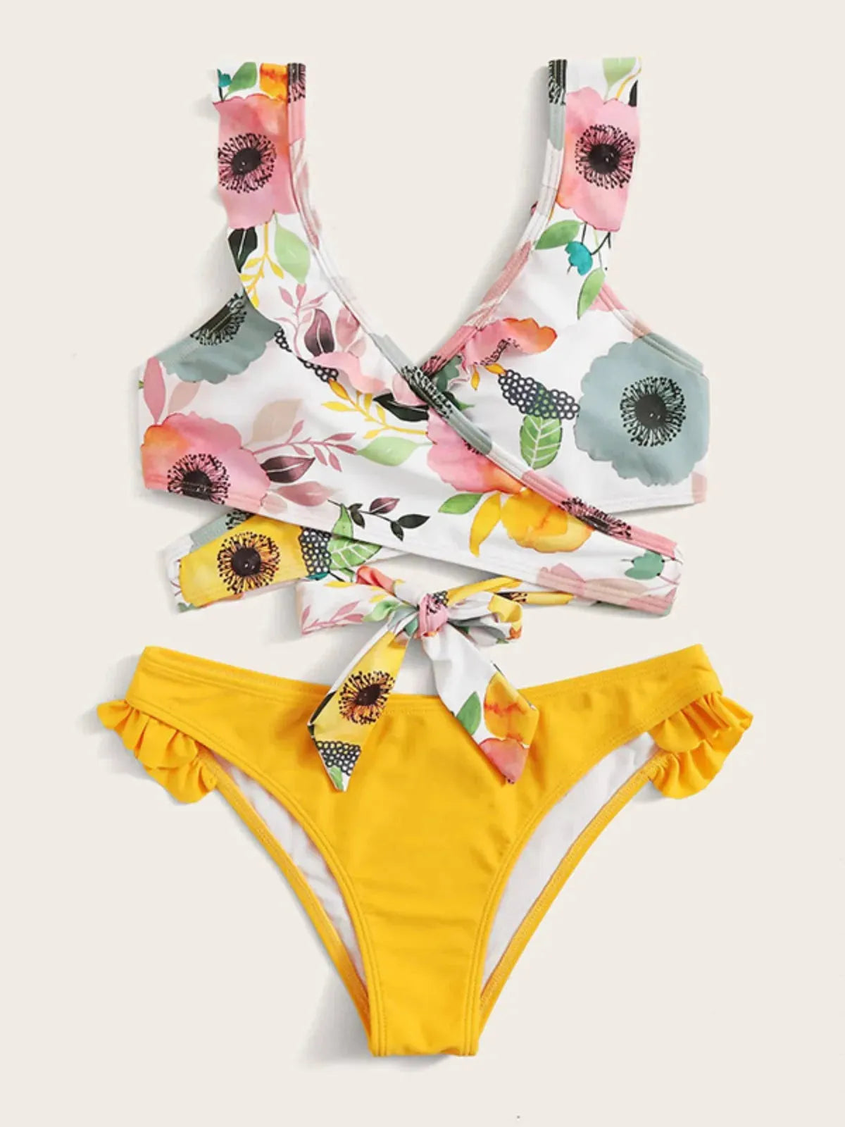 Yellow Flower Print Two Piece Swimsuit Sexy Cross V-neck Suspender Backless Bikini Set Ruffle Beach Vacation Bathing Suit - Shop & Buy