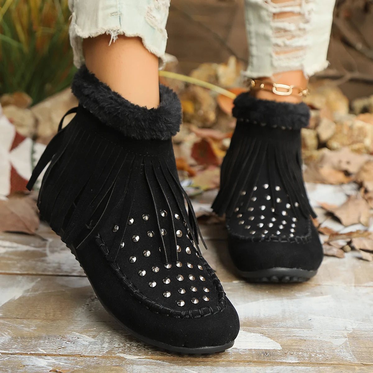 Womens Tassels Decor Ankle Boots Winter Comfortable Warm Plush Snow Boots Women Flat Heels Rivet Western Cowboy Boots