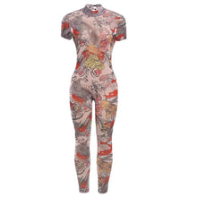 Load image into Gallery viewer, Women Backless See Through Jumpsuit Dragon Print Short Sleeve Fitness Activity Workout Overalls
