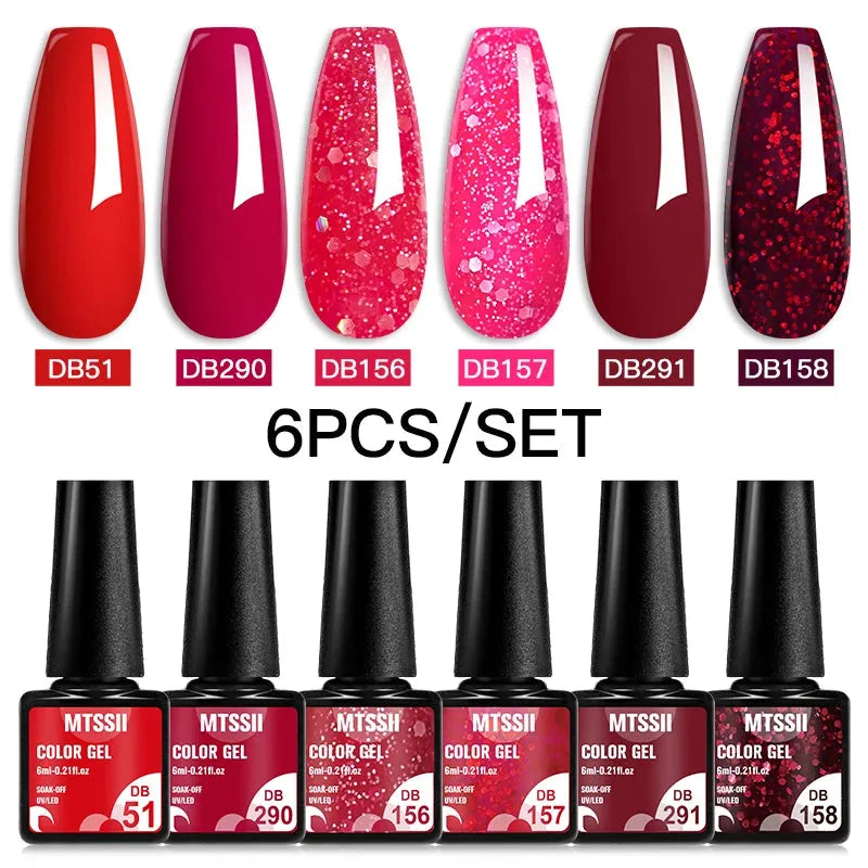 6PCS/Set Red Gel Nail Polish Set Glitter Sequins Semi Permanent Base Matte Top Coat Soak Off LED UV Nail Art Gel Varnish - Shop & Buy