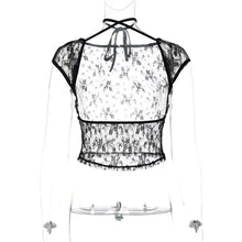 Load image into Gallery viewer, Women Sexy Lace See Through Party Club Short Sleeve Black Crop Tops
