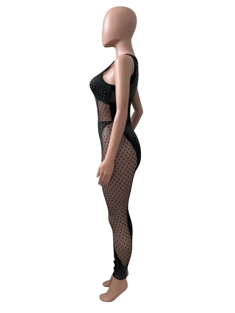 Women Party Jumpsuit Black Sexy Hollow Tight Hot Diamond Mesh Milk Silk Splicing Jumpsuit