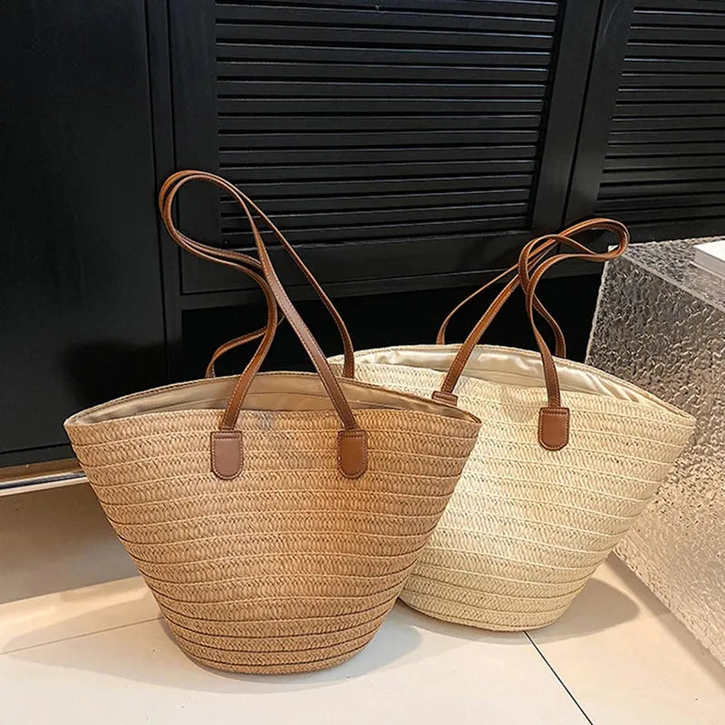 Women's Large Capacity Shoulder Bag Summer Straw Woven Basket Handbag Fashion Female Luxury Designer Beach Bag - Shop & Buy