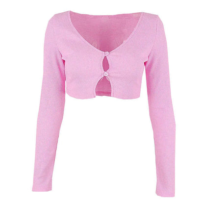 Y2K Pink Ribbed Knit Crop Top French Gentle Long Sleeves Cardigan T Shirt Sexy High-waist Slim Tops - Shop & Buy