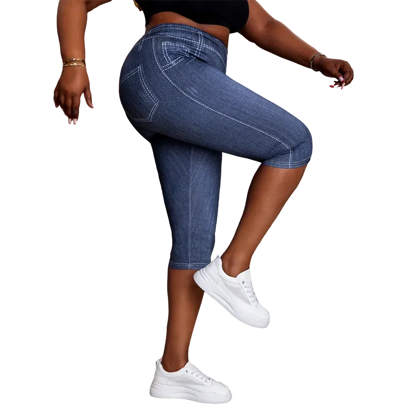 Women's Plus Size Imitation Denim Print Capri Leggings Stylish Elastic Knit Sporty Pants - Shop & Buy