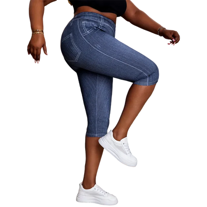 Women's Plus Size Imitation Denim Print Capri Leggings Stylish Elastic Knit Sporty Pants - Shop & Buy