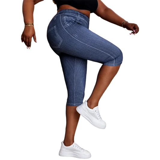 Women's Plus Size Imitation Denim Print Capri Leggings Stylish Elastic Knit Sporty Pants - Shop & Buy