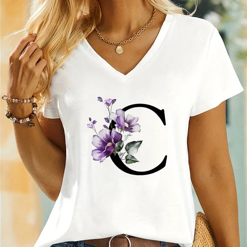 Women's Clothing A-Z 26 Alphabet Flower Premium Summer T-shirt - Shop & Buy