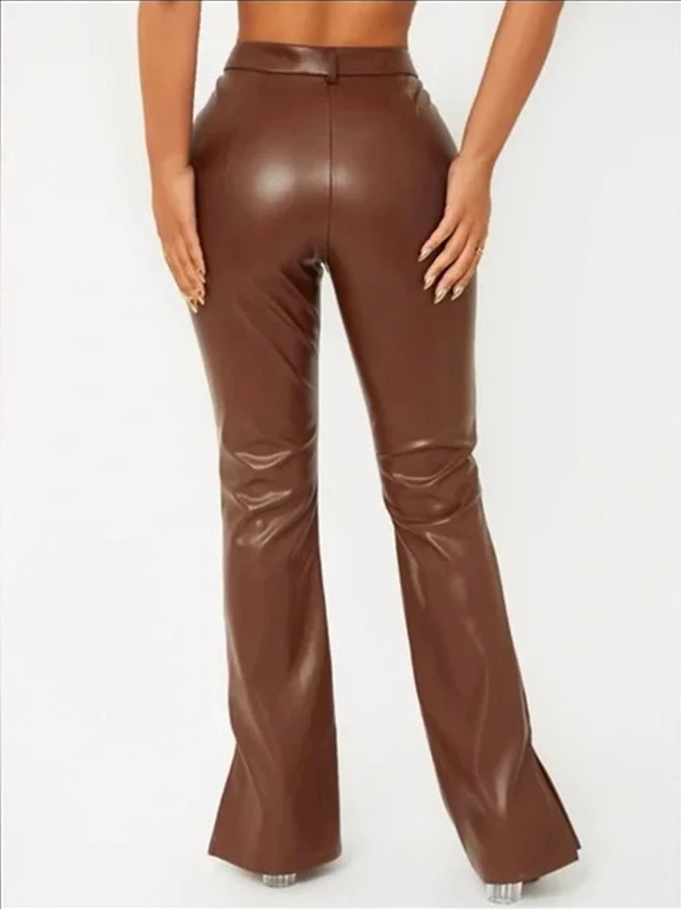 Vintage Matte Leather Trousers Women High Waist Brown Stretch PU Slim Pants Hem Side Split Ladies Bodycon Leggings