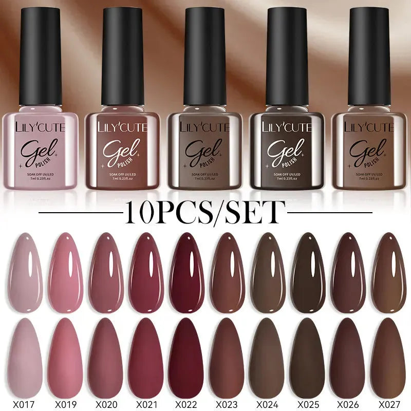 10PCS/Set Gel Nail Polish Brown Earth Coffee Color Series Gel Semi Permanent UV LED Gel Nail Art Soak Off Nail Gel Set - Shop & Buy