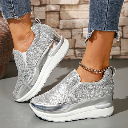 Fashion Glitter Platform Sneakers Women Casual Thick Bottom Slip On Walking Shoes Woman Anti Slip Silver Sports Shoes Plus Size