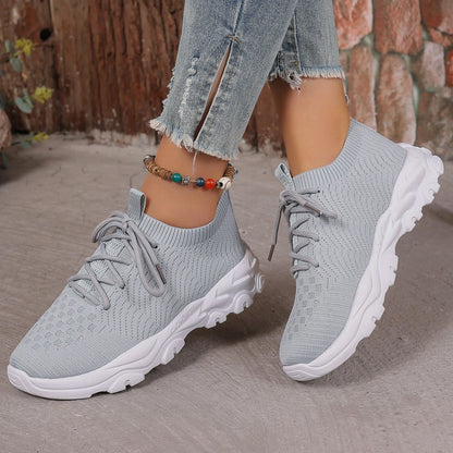 Knitted Chunky Sneakers Women Breathable Solid Color Lace Up Running Sports Shoes Woman Casual Comfy Walking Trainers Plus Size