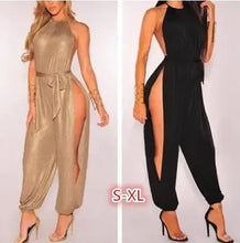 Load image into Gallery viewer, Sexy New Slit Wide Leg Harem Jumpsuits Rompers Women Gold Lace up Sleeveless Jumpsuits Overalls Clubwear
