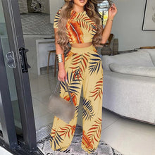 Load image into Gallery viewer, Summer Women Two Piece Sets Elegant Print Office Lady Outfits Elegant O Neck Short Sleeve Shirt Pullover + Wide Leg Pants Suits
