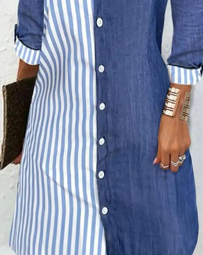 Womens Dresses Summer Fashion Striped Colorblock Buttoned Casual Turn-Down Collar - Shop & Buy