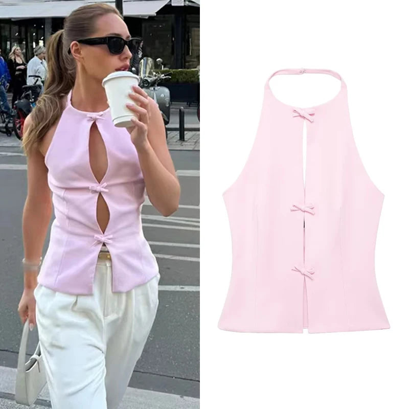 Women Fashion Bow Solid Halter Tops Women Hollow Out Sleeveless Backless Tank Top