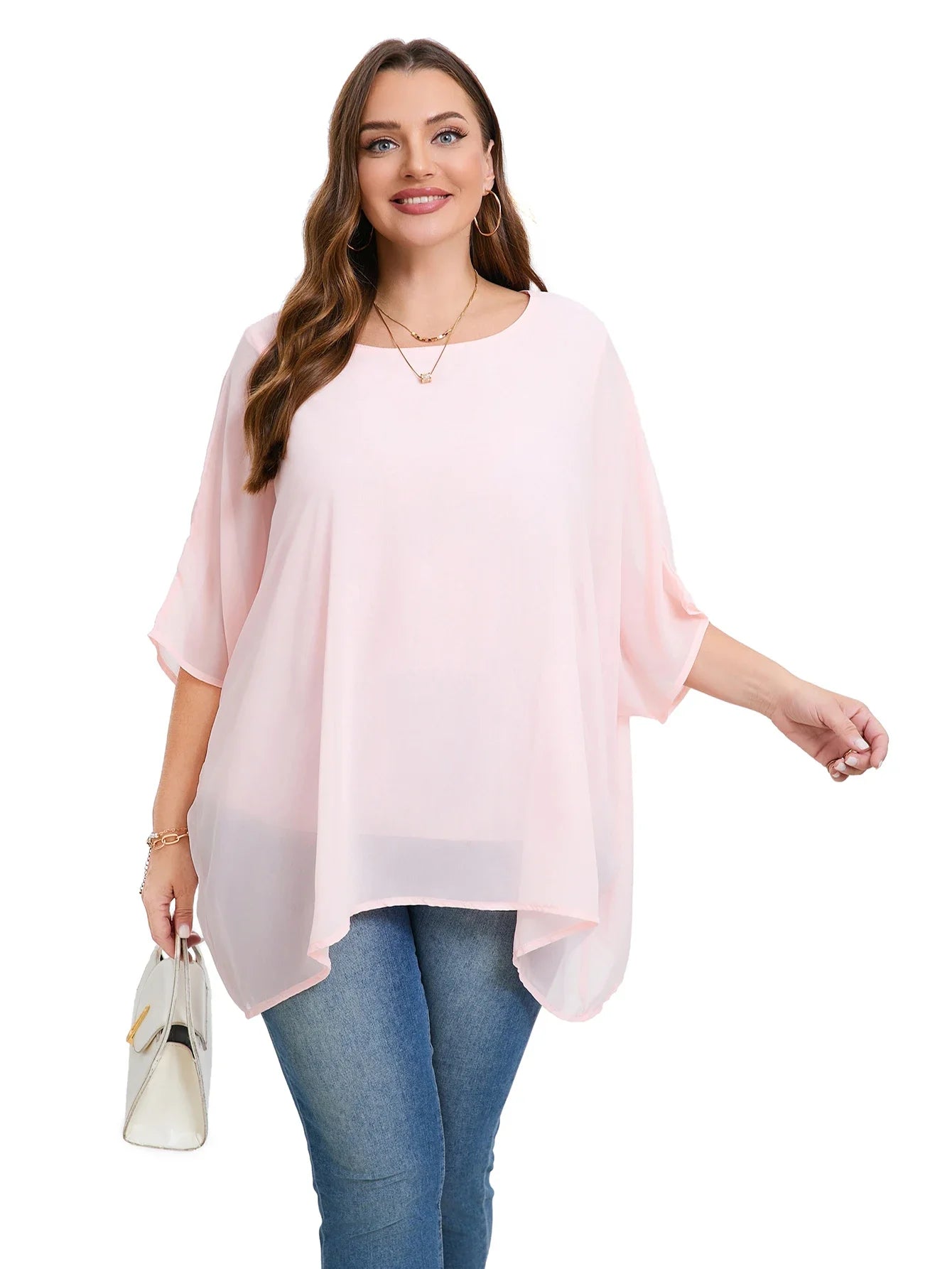 Womens Plus Size Elegant Summer Blouse Batwing Sleeve Oversized Chiffon Blouse Scoop Neck Large Size Casual Tunic Top Shirt 6XL - Shop & Buy