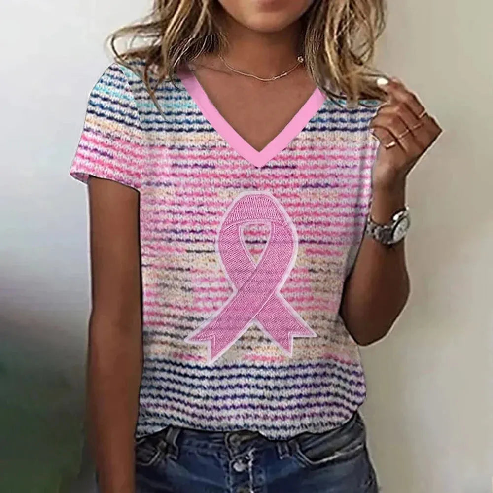 Women's T-Shirt Pink Ribbon Print V-Neck T-Shirt 3d Print Casual Clothing Short Sleeve - Shop & Buy