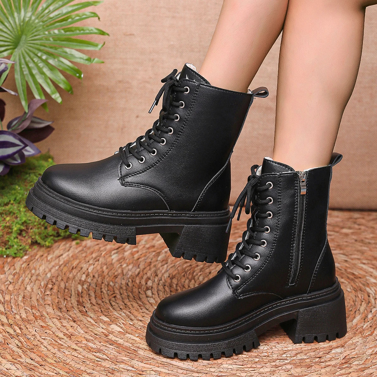 Women's Winter Warm Plush Ankle Boots Fashion Chunky Heeled Platform Combat Boots - Shop & Buy