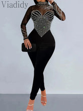 Load image into Gallery viewer, Pearls Rhinestone Romper for Women Jumpsuits Mesh See Through Skinny One Piece Overalls
