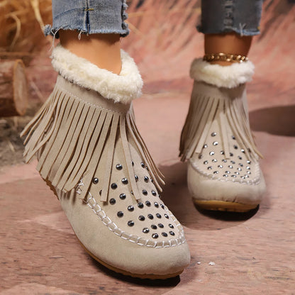 Womens Tassels Decor Ankle Boots Winter Comfortable Warm Plush Snow Boots Women Flat Heels Rivet Western Cowboy Boots