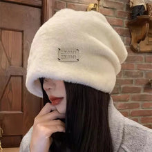 Load image into Gallery viewer, Female Fake Ful Beanie Caps Skullies Warm Hats Autumn and Winter Polyester 58-60cm Plush Metal Label Decoration Loose Stack Cap
