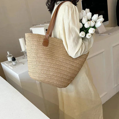 Women's Large Capacity Shoulder Bag Summer Straw Woven Basket Handbag Fashion Female Luxury Designer Beach Bag - Shop & Buy