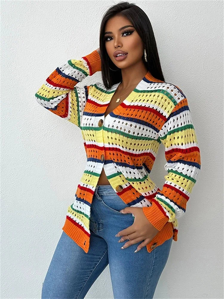 Autumn New Hollowed Out Contrasting Striped Long Sleeved Cardigan Loose Casual Knitted Jacket