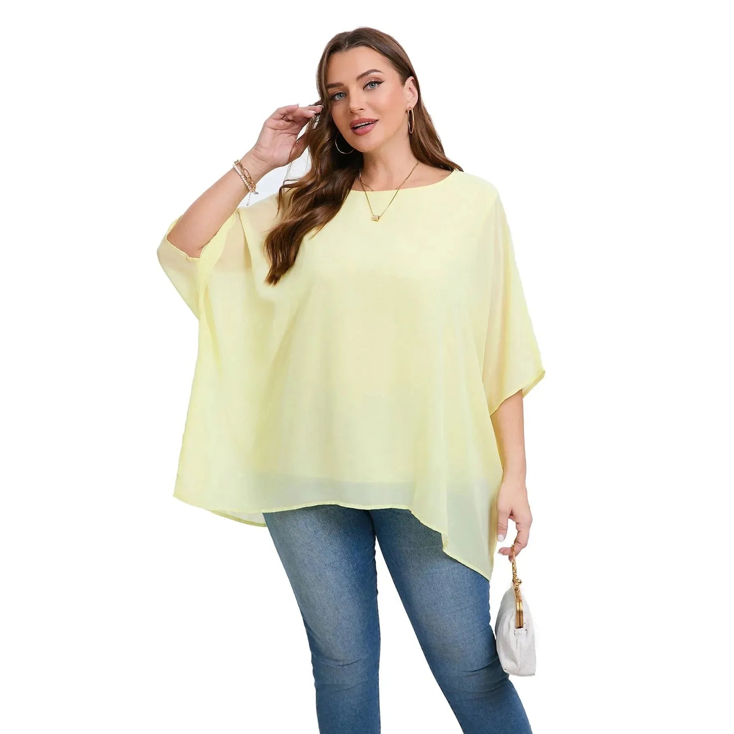 Womens Plus Size Elegant Summer Blouse Batwing Sleeve Oversized Chiffon Blouse Scoop Neck Large Size - Shop & Buy